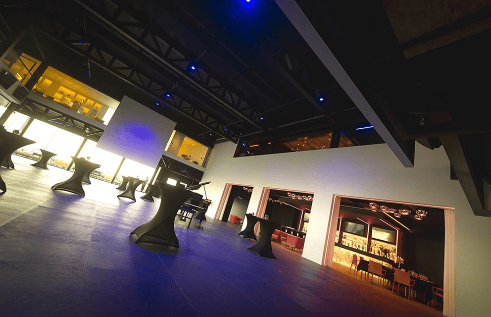 Ruim overzicht van de Main Room met staantafels en bar bij DD2